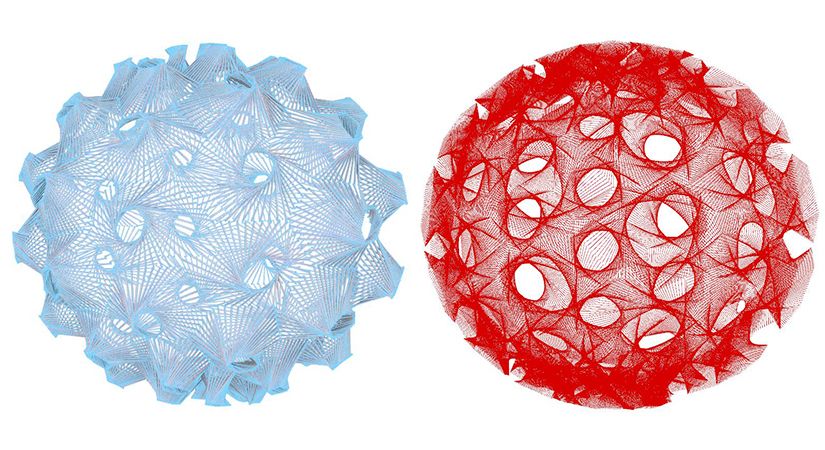 Image shows two abstract spheres created in Grasshopper3D during a Simply Rhino Level 1 Grasshopper course. One sphere is blue and the other red.