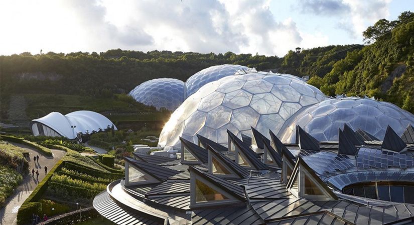 Photo of the Eden Project in Cornwall, UK. Showing The Core and the biomes shown from above to demonstrate the geometric architecture that was designed by Grimshaw Architects assisted by Rhino.Inside technology.